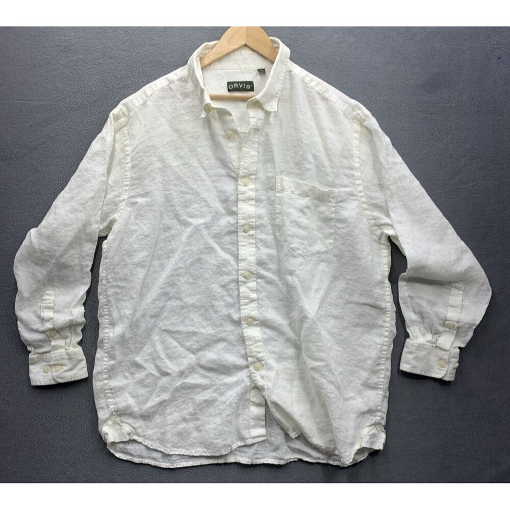 Orvis Men’s Linen Button Down Shirt Long Sleeved Chest Pocket All White Party XL